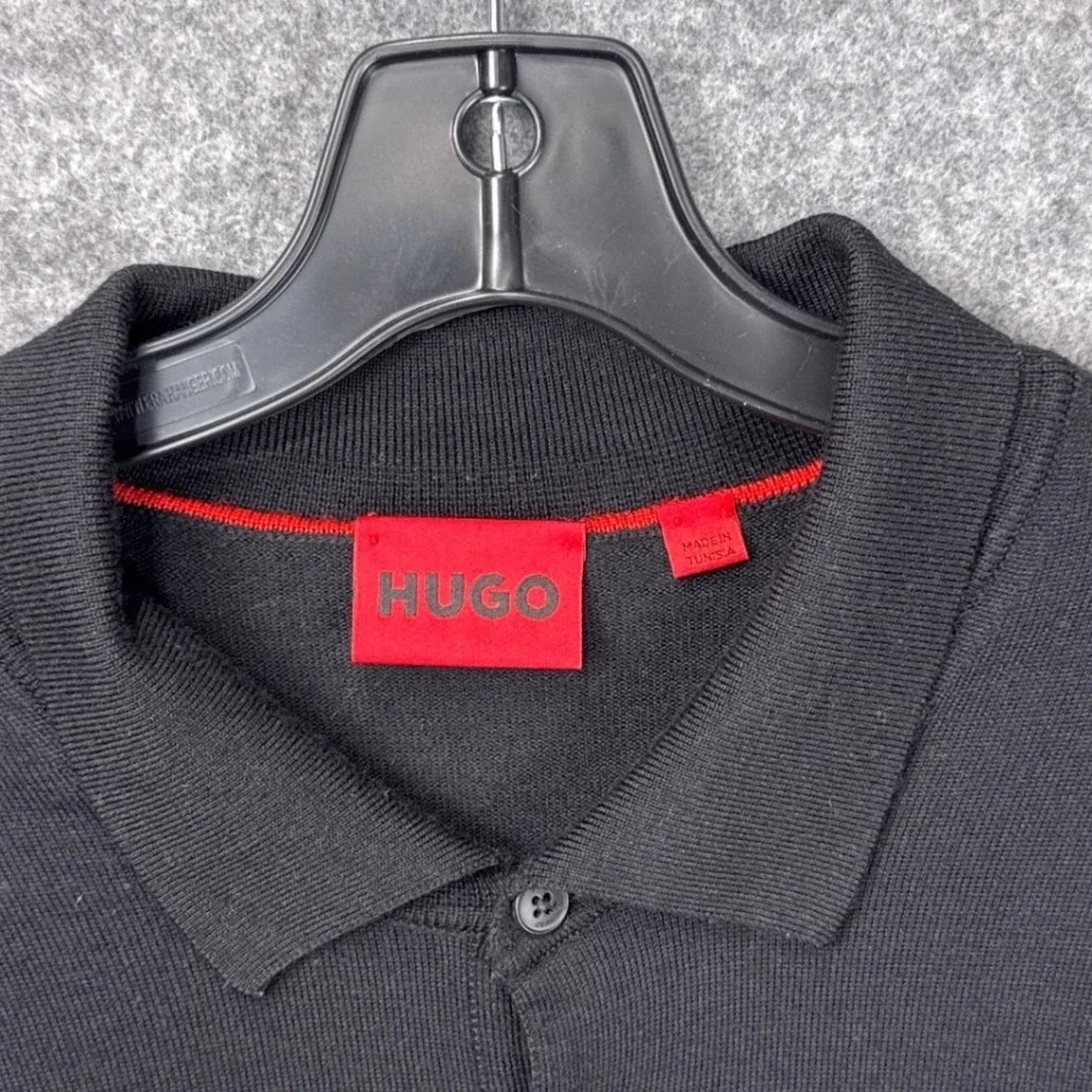 Hugo Boss Polo Sweater XL Black 100% Virgin Wool Long Sleeve Knit Logo